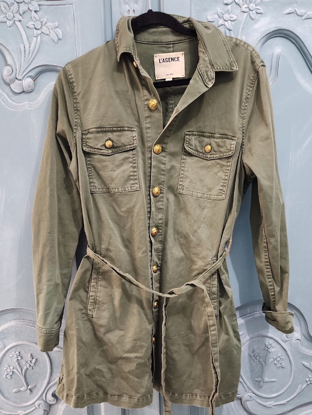 L'AGENCE Olive Green Utility Dress with Gold Buttons